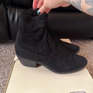 SO Black Suede Ankle Booties with Low Block Heel